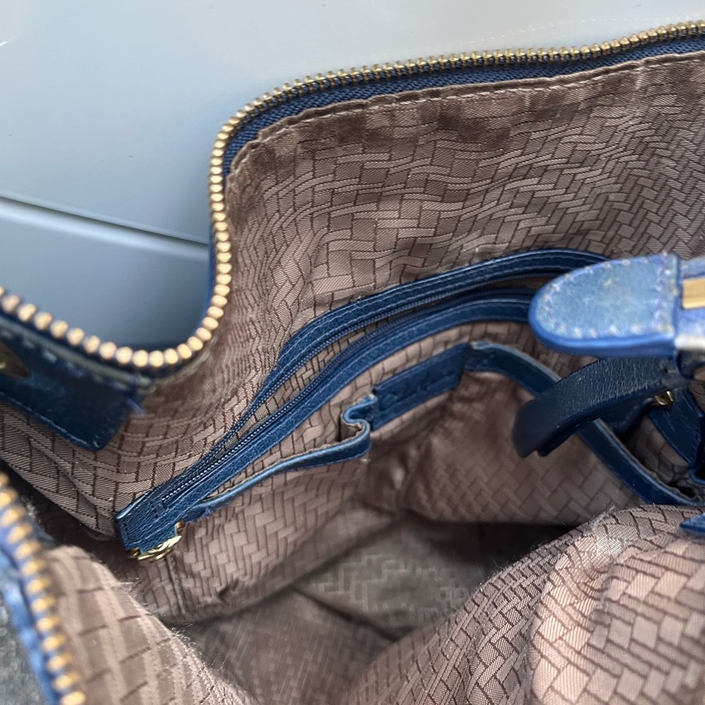 Cole Haan Blue Leather Satchel Handbag Embroidered Stitching Top GoldRing Handle - Picture 3 of 6